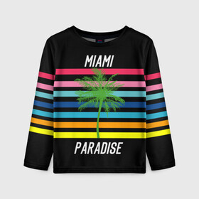 Детский лонгслив 3D с принтом Miami Paradise в Петрозаводске, 100% полиэстер | длинные рукава, круглый вырез горловины, полуприлегающий силуэт
 | america | city | colorful | drawing | grap | miami | palm tree | paradise | recreation | resort | stripes | tree | usa | world | америка | город | графика | дерево | курорт | майами | мировой | надпись | отдых | пальма | полосы | разноцветные | рай | рису