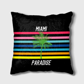 Подушка 3D с принтом Miami Paradise в Петрозаводске, наволочка – 100% полиэстер, наполнитель – холлофайбер (легкий наполнитель, не вызывает аллергию). | состоит из подушки и наволочки. Наволочка на молнии, легко снимается для стирки | Тематика изображения на принте: america | city | colorful | drawing | grap | miami | palm tree | paradise | recreation | resort | stripes | tree | usa | world | америка | город | графика | дерево | курорт | майами | мировой | надпись | отдых | пальма | полосы | разноцветные | рай | рису