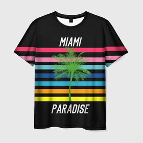 Мужская футболка 3D с принтом Miami Paradise в Петрозаводске, 100% полиэфир | прямой крой, круглый вырез горловины, длина до линии бедер | america | city | colorful | drawing | grap | miami | palm tree | paradise | recreation | resort | stripes | tree | usa | world | америка | город | графика | дерево | курорт | майами | мировой | надпись | отдых | пальма | полосы | разноцветные | рай | рису