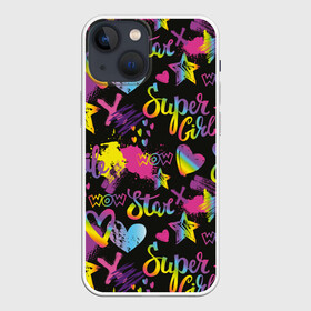 Чехол для iPhone 13 mini с принтом Super Girl в Петрозаводске,  |  | girl | hearts | rainbow | raster | spectrum | splashes | spots | star | super | абстракция | брызги | графика | девушка | звезда | кислотный | любовь | мечта | надпись | праздник | пятна | радуга | растр | рисунок | сердца | спектр