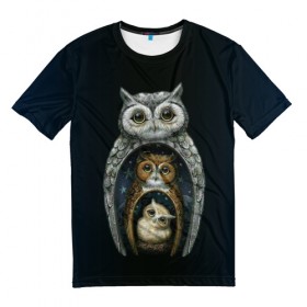Мужская футболка 3D с принтом сова-матрешка в Петрозаводске, 100% полиэфир | прямой крой, круглый вырез горловины, длина до линии бедер | owl | матрешка | ночь | птица | сова | филин