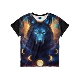 Детская футболка 3D с принтом волк в Петрозаводске, 100% гипоаллергенный полиэфир | прямой крой, круглый вырез горловины, длина до линии бедер, чуть спущенное плечо, ткань немного тянется | wolf | волк | галактика | звезды | койот | космос | луна | ночь | собака