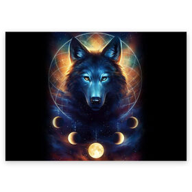 Поздравительная открытка с принтом волк в Петрозаводске, 100% бумага | плотность бумаги 280 г/м2, матовая, на обратной стороне линовка и место для марки
 | Тематика изображения на принте: wolf | волк | галактика | звезды | койот | космос | луна | ночь | собака