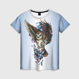 Женская футболка 3D с принтом сова в Петрозаводске, 100% полиэфир ( синтетическое хлопкоподобное полотно) | прямой крой, круглый вырез горловины, длина до линии бедер | owl | кристаллы | ночь | птица | сова | филин