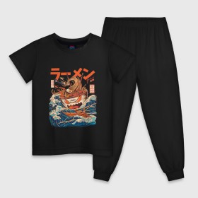 Детская пижама хлопок с принтом Great Ramen off Kanagawa в Петрозаводске, 100% хлопок |  брюки и футболка прямого кроя, без карманов, на брюках мягкая резинка на поясе и по низу штанин
 | Тематика изображения на принте: kanagawa | ramen | аниме | большая волна в канагаве | рамен | рамен в канагаве