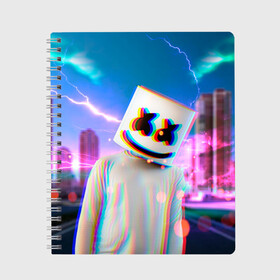 Тетрадь с принтом Marshmello Glitch в Петрозаводске, 100% бумага | 48 листов, плотность листов — 60 г/м2, плотность картонной обложки — 250 г/м2. Листы скреплены сбоку удобной пружинной спиралью. Уголки страниц и обложки скругленные. Цвет линий — светло-серый
 | christopher | comstock | dj | dotcom | fortnite | friends | glitch | marshmallow | marshmello | usa | глитч | диджей | друзья | зефир | комсток | крис | мармелад | маршмэллоу | молнии | музыка | продюсер | сша | фортнайт | хаус | электро