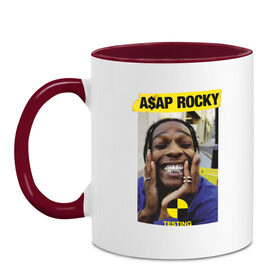 Кружка двухцветная с принтом A$AP ROCKY в Петрозаводске, керамика | объем — 330 мл, диаметр — 80 мм. Цветная ручка и кайма сверху, в некоторых цветах — вся внутренняя часть | Тематика изображения на принте: aap | asap | mob | rap | rocky | testing | асап | банда | моб | раким | реп | роки | рэп | рэпер | тестинг | эйсап | эсап