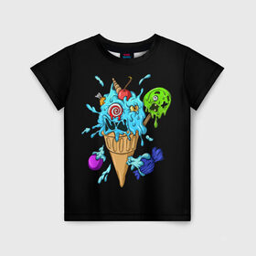 Детская футболка 3D с принтом Мороженое Монстр в Петрозаводске, 100% гипоаллергенный полиэфир | прямой крой, круглый вырез горловины, длина до линии бедер, чуть спущенное плечо, ткань немного тянется | candy | ice cream | marshmallow | monster | monsters | oreo | sweets | zombie | зомби | леденец | леденцы | маршмеллоу | монстр | монстры | мороженое | орео | сладости