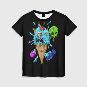 Женская футболка 3D с принтом Мороженое Монстр в Петрозаводске, 100% полиэфир ( синтетическое хлопкоподобное полотно) | прямой крой, круглый вырез горловины, длина до линии бедер | candy | ice cream | marshmallow | monster | monsters | oreo | sweets | zombie | зомби | леденец | леденцы | маршмеллоу | монстр | монстры | мороженое | орео | сладости