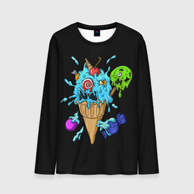 Мужской лонгслив 3D с принтом Мороженое Монстр в Петрозаводске, 100% полиэстер | длинные рукава, круглый вырез горловины, полуприлегающий силуэт | candy | ice cream | marshmallow | monster | monsters | oreo | sweets | zombie | зомби | леденец | леденцы | маршмеллоу | монстр | монстры | мороженое | орео | сладости
