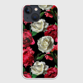 Чехол для iPhone 13 mini с принтом Розы в Петрозаводске,  |  | f | flora | flowers | greens | leaves | nature | ornament | patterns | petals | red | roses | style | white | youth | белые | зелень | иллюстрация | красные | лепестки | листья | мода | молодежная | орнамент | природа | розовые | розы | стиль | узоры | фл