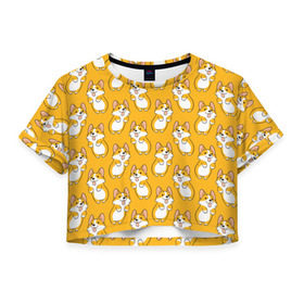 Женская футболка Cropp-top с принтом Корги Паттерн 2 в Петрозаводске, 100% полиэстер | круглая горловина, длина футболки до линии талии, рукава с отворотами | веселый | лапочка | милый | мимими | оранжевый | пес | песик | собака | счастье | щенок