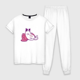 Женская пижама хлопок с принтом Котик и Колбаска в Петрозаводске, 100% хлопок | брюки и футболка прямого кроя, без карманов, на брюках мягкая резинка на поясе и по низу штанин | 