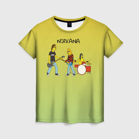 Женская футболка 3D с принтом Nirvana в стиле simpsons в Петрозаводске, 100% полиэфир ( синтетическое хлопкоподобное полотно) | прямой крой, круглый вырез горловины, длина до линии бедер | Тематика изображения на принте: 