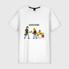 Мужская футболка премиум с принтом Nirvana в стиле simpsons в Петрозаводске, 92% хлопок, 8% лайкра | приталенный силуэт, круглый вырез ворота, длина до линии бедра, короткий рукав | nirvana | simpsons | барабаны | басы | гитара | курт | курт кобейн | музыканты | мультик | нирвана | рок | симпсоны