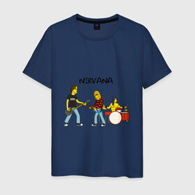 Мужская футболка хлопок с принтом Nirvana в стиле simpsons в Петрозаводске, 100% хлопок | прямой крой, круглый вырез горловины, длина до линии бедер, слегка спущенное плечо. | nirvana | simpsons | барабаны | басы | гитара | курт | курт кобейн | музыканты | мультик | нирвана | рок | симпсоны