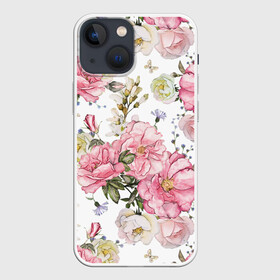 Чехол для iPhone 13 mini с принтом Розовые розы в Петрозаводске,  |  | bouquet | fashion | flora | flowers | illustra | nature | ornament | patterns | petals | pink | roses | style | youth | белый | букет | графика | иллюстрация | картинка | лепестки | мода | молодежная | орнамент | природа | рисунок | розовые | розы