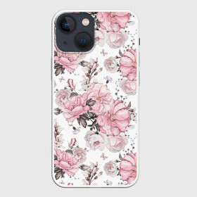 Чехол для iPhone 13 mini с принтом Розовые розы в Петрозаводске,  |  | bouquet | fashion | flora | flowers | illustra | nature | ornament | patterns | petals | pink | roses | style | youth | белый | букет | графика | иллюстрация | картинка | лепестки | мода | молодежная | орнамент | природа | рисунок | розовые | розы