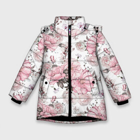 Зимняя куртка для девочек 3D с принтом Розовые розы в Петрозаводске, ткань верха — 100% полиэстер; подклад — 100% полиэстер, утеплитель — 100% полиэстер. | длина ниже бедра, удлиненная спинка, воротник стойка и отстегивающийся капюшон. Есть боковые карманы с листочкой на кнопках, утяжки по низу изделия и внутренний карман на молнии. 

Предусмотрены светоотражающий принт на спинке, радужный светоотражающий элемент на пуллере молнии и на резинке для утяжки. | bouquet | fashion | flora | flowers | illustra | nature | ornament | patterns | petals | pink | roses | style | youth | белый | букет | графика | иллюстрация | картинка | лепестки | мода | молодежная | орнамент | природа | рисунок | розовые | розы