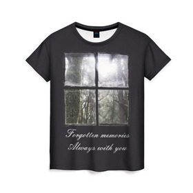 Женская футболка 3D с принтом Forgotten Memories в Петрозаводске, 100% полиэфир ( синтетическое хлопкоподобное полотно) | прямой крой, круглый вырез горловины, длина до линии бедер | деревья | лес | мрачный | надпись | окно | старый | стекло