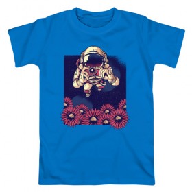 Мужская футболка хлопок с принтом Космонавт с Фотоаппаратом в Петрозаводске, 100% хлопок | прямой крой, круглый вырез горловины, длина до линии бедер, слегка спущенное плечо. | nasa | астронавт | космонавт | космос | наса | с цветами | фото | фотограф | цветы