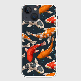 Чехол для iPhone 13 mini с принтом Карпы кои в Петрозаводске,  |  | carp | fish | koi | белые | вода | волны | графика | золотая | иллюстрация | карпы | картинка | кои | косяк | красные | мода | молодежная | оранжевые | орнамент | плеск | плывут | природа | пузыри | пятна