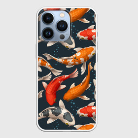 Чехол для iPhone 13 Pro с принтом Карпы кои в Петрозаводске,  |  | carp | fish | koi | белые | вода | волны | графика | золотая | иллюстрация | карпы | картинка | кои | косяк | красные | мода | молодежная | оранжевые | орнамент | плеск | плывут | природа | пузыри | пятна