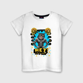 Детская футболка хлопок с принтом Hey! I`m a cat! в Петрозаводске, 100% хлопок | круглый вырез горловины, полуприлегающий силуэт, длина до линии бедер | абстракция | голова кошки | звездочки | звезды | кошачьи глаза | кошка | психоделика | трэш | человеческое тело | череп | эй | я кот