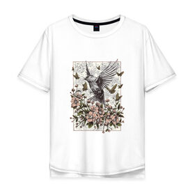 Мужская футболка хлопок Oversize с принтом Птица и бабочки в Петрозаводске, 100% хлопок | свободный крой, круглый ворот, “спинка” длиннее передней части | абстракция | арт | бабочки | весенняя | калибри | картина | легкость | минимализм | природа | птица | свежесть | светлая | цветы