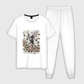 Мужская пижама хлопок с принтом Птица и бабочки в Петрозаводске, 100% хлопок | брюки и футболка прямого кроя, без карманов, на брюках мягкая резинка на поясе и по низу штанин
 | абстракция | арт | бабочки | весенняя | калибри | картина | легкость | минимализм | природа | птица | свежесть | светлая | цветы