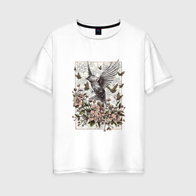 Женская футболка хлопок Oversize с принтом Птица и бабочки в Петрозаводске, 100% хлопок | свободный крой, круглый ворот, спущенный рукав, длина до линии бедер
 | абстракция | арт | бабочки | весенняя | калибри | картина | легкость | минимализм | природа | птица | свежесть | светлая | цветы