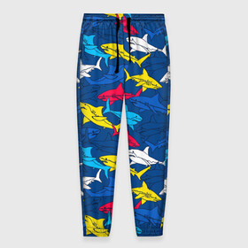 Мужские брюки 3D с принтом Акулы в Петрозаводске, 100% полиэстер | манжеты по низу, эластичный пояс регулируется шнурком, по бокам два кармана без застежек, внутренняя часть кармана из мелкой сетки | blue | drawin | fashion | fish | illustration | ocean | predator | red | sea | sharks | style | water | yellow | youth | акулы | вода | графика | жёлтый | иллюстрация | картинка | красный | мода | молодежная | море | океан | рисунок | рыба | син