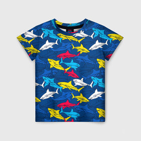 Детская футболка 3D с принтом Акулы в Петрозаводске, 100% гипоаллергенный полиэфир | прямой крой, круглый вырез горловины, длина до линии бедер, чуть спущенное плечо, ткань немного тянется | blue | drawin | fashion | fish | illustration | ocean | predator | red | sea | sharks | style | water | yellow | youth | акулы | вода | графика | жёлтый | иллюстрация | картинка | красный | мода | молодежная | море | океан | рисунок | рыба | син