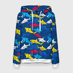 Женская толстовка 3D с принтом Акулы в Петрозаводске, 100% полиэстер  | двухслойный капюшон со шнурком для регулировки, мягкие манжеты на рукавах и по низу толстовки, спереди карман-кенгуру с мягким внутренним слоем. | blue | drawin | fashion | fish | illustration | ocean | predator | red | sea | sharks | style | water | yellow | youth | акулы | вода | графика | жёлтый | иллюстрация | картинка | красный | мода | молодежная | море | океан | рисунок | рыба | син
