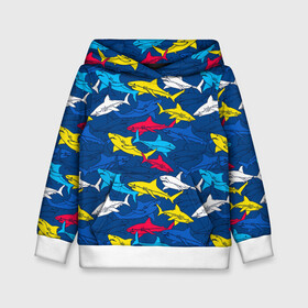 Детская толстовка 3D с принтом Акулы в Петрозаводске, 100% полиэстер | двухслойный капюшон со шнурком для регулировки, мягкие манжеты на рукавах и по низу толстовки, спереди карман-кенгуру с мягким внутренним слоем | blue | drawin | fashion | fish | illustration | ocean | predator | red | sea | sharks | style | water | yellow | youth | акулы | вода | графика | жёлтый | иллюстрация | картинка | красный | мода | молодежная | море | океан | рисунок | рыба | син