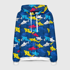 Мужская толстовка 3D с принтом Акулы в Петрозаводске, 100% полиэстер | двухслойный капюшон со шнурком для регулировки, мягкие манжеты на рукавах и по низу толстовки, спереди карман-кенгуру с мягким внутренним слоем. | blue | drawin | fashion | fish | illustration | ocean | predator | red | sea | sharks | style | water | yellow | youth | акулы | вода | графика | жёлтый | иллюстрация | картинка | красный | мода | молодежная | море | океан | рисунок | рыба | син