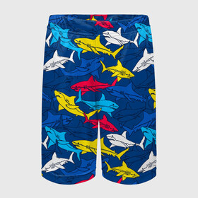 Детские спортивные шорты 3D с принтом Акулы в Петрозаводске,  100% полиэстер
 | пояс оформлен широкой мягкой резинкой, ткань тянется
 | blue | drawin | fashion | fish | illustration | ocean | predator | red | sea | sharks | style | water | yellow | youth | акулы | вода | графика | жёлтый | иллюстрация | картинка | красный | мода | молодежная | море | океан | рисунок | рыба | син