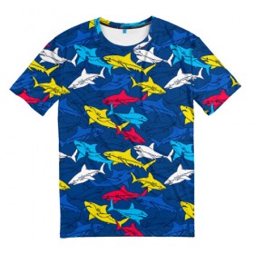 Мужская футболка 3D с принтом Акулы в Петрозаводске, 100% полиэфир | прямой крой, круглый вырез горловины, длина до линии бедер | blue | drawin | fashion | fish | illustration | ocean | predator | red | sea | sharks | style | water | yellow | youth | акулы | вода | графика | жёлтый | иллюстрация | картинка | красный | мода | молодежная | море | океан | рисунок | рыба | син