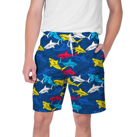 Мужские шорты 3D с принтом Акулы в Петрозаводске,  полиэстер 100% | прямой крой, два кармана без застежек по бокам. Мягкая трикотажная резинка на поясе, внутри которой широкие завязки. Длина чуть выше колен | Тематика изображения на принте: blue | drawin | fashion | fish | illustration | ocean | predator | red | sea | sharks | style | water | yellow | youth | акулы | вода | графика | жёлтый | иллюстрация | картинка | красный | мода | молодежная | море | океан | рисунок | рыба | син