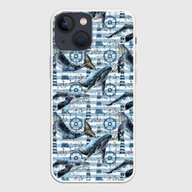 Чехол для iPhone 13 mini с принтом Киты в Петрозаводске,  |  | animals | lighthouse | ocean | s | sea | steering wheel | vest | water | whales | вода | графика | животные | иллюстрация | картинка | киты | маяк | мода | молодежная | море | океан | полосы | рисунок | синий | стиль | тельняшка | фон