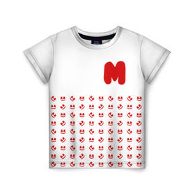 Детская футболка 3D с принтом MARSHMELLO в Петрозаводске, 100% гипоаллергенный полиэфир | прямой крой, круглый вырез горловины, длина до линии бедер, чуть спущенное плечо, ткань немного тянется | Тематика изображения на принте: marsh | marshmallow | marshmello | marshmelo | mello | music | smile | диджей | лого | маршмеллов | маршмеллоу | маршмеллу | маршмело | маршмелов | маршмелоу | музыка | музыкант | рожица | трэп | улыбка | хаус