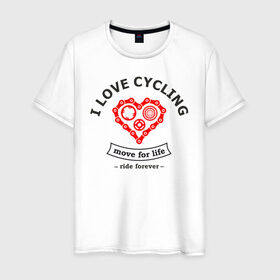 Мужская футболка хлопок с принтом I LOVE CYCLING в Петрозаводске, 100% хлопок | прямой крой, круглый вырез горловины, длина до линии бедер, слегка спущенное плечо. | forever | move | ride | байк | велик | велосипед | велоспорт | движение | звёздочка | любовь | сердце | цепь | шестерня