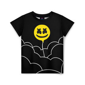 Детская футболка 3D с принтом MARSHMELLO - HAPPIER в Петрозаводске, 100% гипоаллергенный полиэфир | прямой крой, круглый вырез горловины, длина до линии бедер, чуть спущенное плечо, ткань немного тянется | Тематика изображения на принте: happier | marsh | marshmallow | marshmello | marshmelo | mello | music | smile | диджей | лого | маршмеллов | маршмеллоу | маршмеллу | маршмело | маршмелов | маршмелоу | музыка | музыкант | трэп | улыбка | хаус