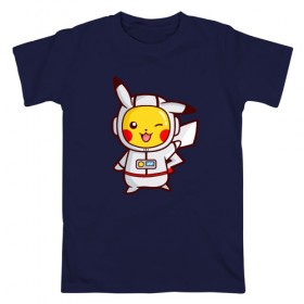 Мужская футболка хлопок с принтом Pikachu Astronaut в Петрозаводске, 100% хлопок | прямой крой, круглый вырез горловины, длина до линии бедер, слегка спущенное плечо. | 