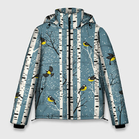 Мужская зимняя куртка 3D с принтом Синички на берёзах в Петрозаводске, верх — 100% полиэстер; подкладка — 100% полиэстер; утеплитель — 100% полиэстер | длина ниже бедра, свободный силуэт Оверсайз. Есть воротник-стойка, отстегивающийся капюшон и ветрозащитная планка. 

Боковые карманы с листочкой на кнопках и внутренний карман на молнии. | bir | birds | branches | fly | sit | tits | акварель | берёзы | ветки | графика | зима | идёт | иллюстрация | картинка | кузнечик | летят | мода | молодежная | мороз | новый год | птицы | рисунок | рождество | сидят | синий