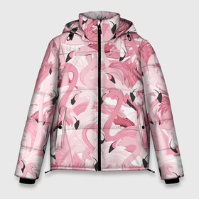 Мужская зимняя куртка 3D с принтом Фламинго в Петрозаводске, верх — 100% полиэстер; подкладка — 100% полиэстер; утеплитель — 100% полиэстер | длина ниже бедра, свободный силуэт Оверсайз. Есть воротник-стойка, отстегивающийся капюшон и ветрозащитная планка. 

Боковые карманы с листочкой на кнопках и внутренний карман на молнии. | birds | drawing | fashion | feathers | flamingo | graphics | illustration | picture | pink | stand | style | wings | youth | графика | иллюстрация | картинка | клюв | красивые | крылья | мода | молодежная | перья | птицы | рисунок | розовый | стиль | стоя