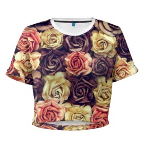 Женская футболка 3D укороченная с принтом Шоколадные розы в Петрозаводске, 100% полиэстер | круглая горловина, длина футболки до линии талии, рукава с отворотами | бабушке | девочке | девушке | дочке | желтые цветы | женщине | маме | подруге | природа | розовые цветы | розы | сестре | теще | тюльпаны | цветы