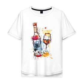 Мужская футболка хлопок Oversize с принтом Винишко арт в Петрозаводске, 100% хлопок | свободный крой, круглый ворот, “спинка” длиннее передней части | акварель | бокал | бутылка | вино | винцо | грусть | краски | одна