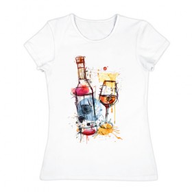 Женская футболка хлопок с принтом Винишко арт в Петрозаводске, 100% хлопок | прямой крой, круглый вырез горловины, длина до линии бедер, слегка спущенное плечо | акварель | бокал | бутылка | вино | винцо | грусть | краски | одна