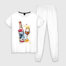 Женская пижама хлопок с принтом Винишко арт в Петрозаводске, 100% хлопок | брюки и футболка прямого кроя, без карманов, на брюках мягкая резинка на поясе и по низу штанин | акварель | бокал | бутылка | вино | винцо | грусть | краски | одна